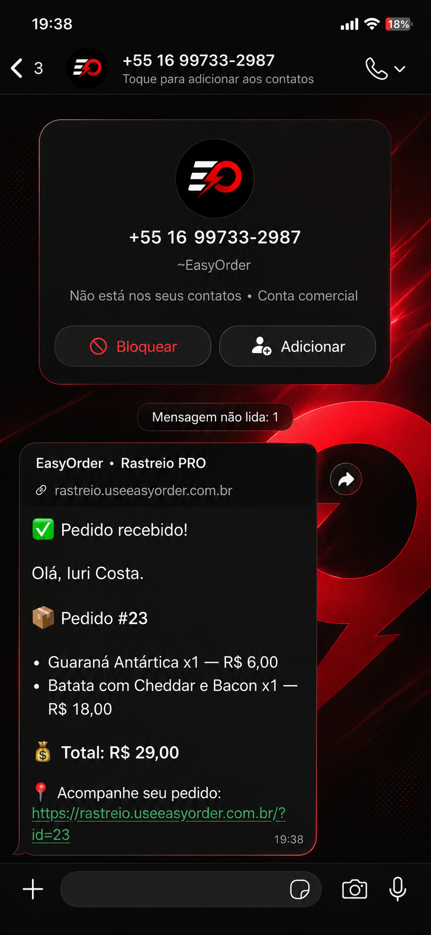 Mensagem WhatsApp EasyOrder